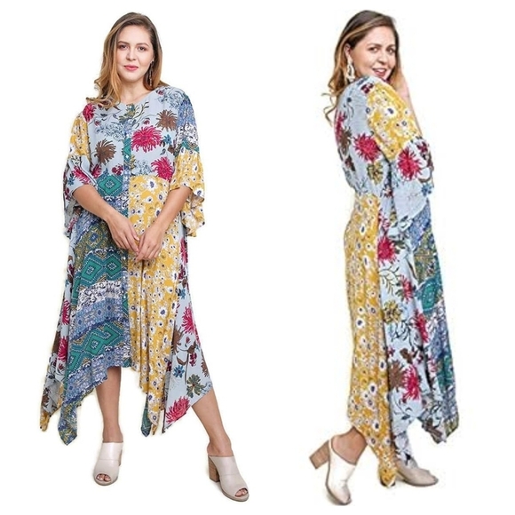 Umgee Women Floral Mixed Print Bell Sleeve Maxi Dress M Sharkbite Hem Multi - Picture 1 of 12